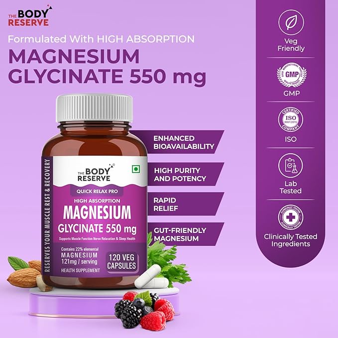 The Body Reserve Magnesium Glycinate Supplement 550mg Per Serving - 120 caps